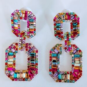 Bold Geometric Baguette Stone Embellished Doorknocker Evening Earrings